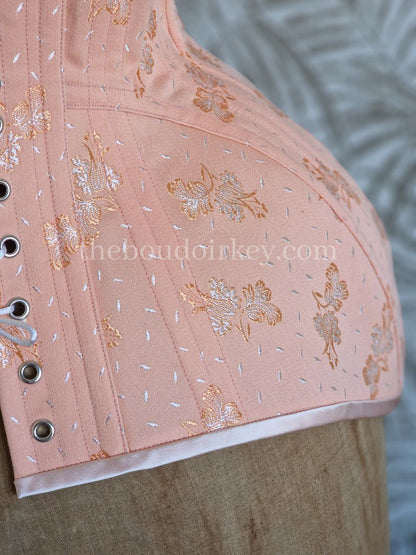 Size L - Ready-To-Ship Edwardian Corset in Peachy Floral Coutil