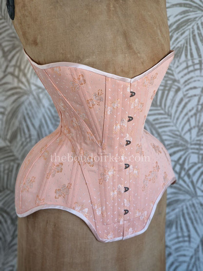 Size L - Ready-To-Ship Edwardian Corset in Peachy Floral Coutil