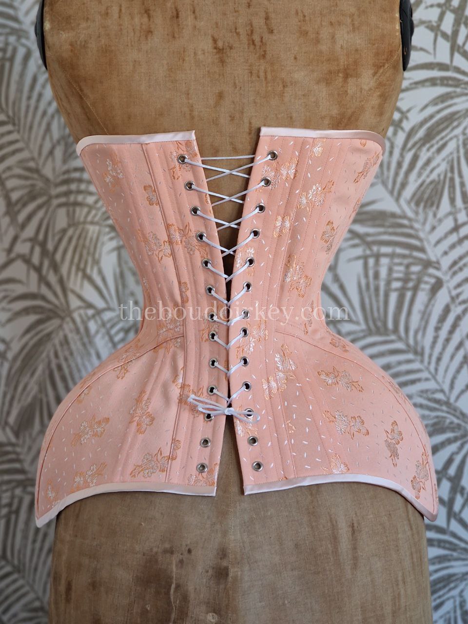 Size L - Ready-To-Ship Edwardian Corset in Peachy Floral Coutil